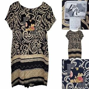Lisa Maru Honolulu Dress Womens Size M/L Black Tan Floral Short Sleeve Vintage
